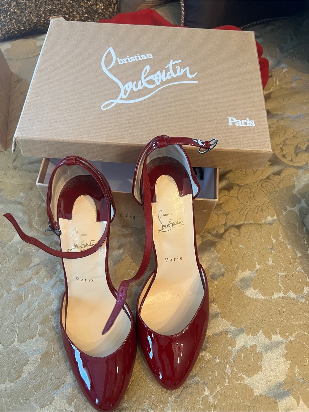 Christian Louboutin Burgundy Patent Leather Ankle-Strap Pumps